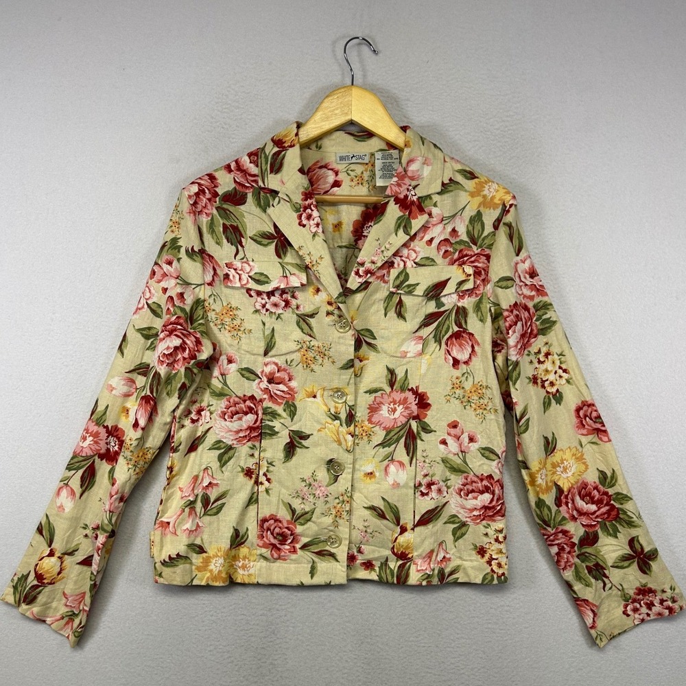 Cottagecore White Stag Womens Small Stone‎ Floral Linen Blend Utility Jacket